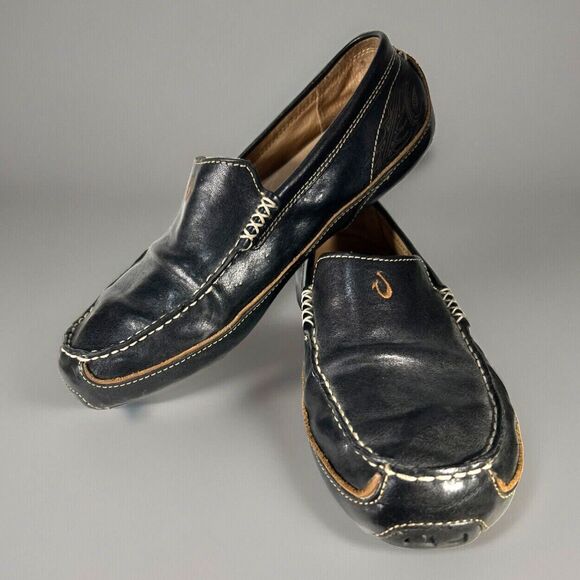 OluKai Lokahi Black Leather Slip on Moccasin Loafers Men’s Size 10 EUR 44 EUC - Picture 1 of 11